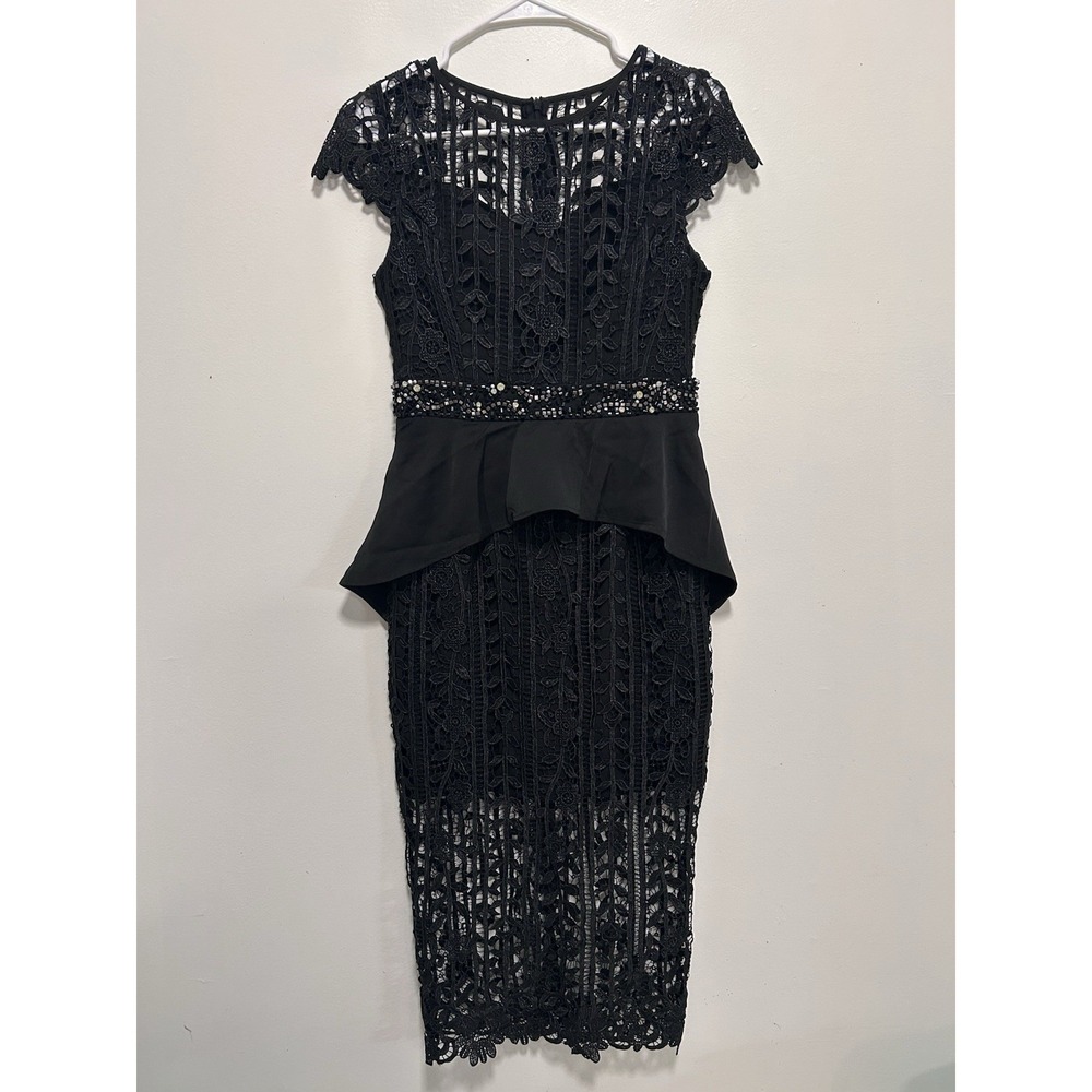 Metisu black lace peplum evening midi dress Size XS